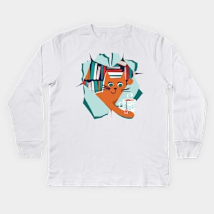 Bookish cat // orange tabby cat with tea mug teal neon red white and flesh coral books Kids Long Sleeve T-Shirt